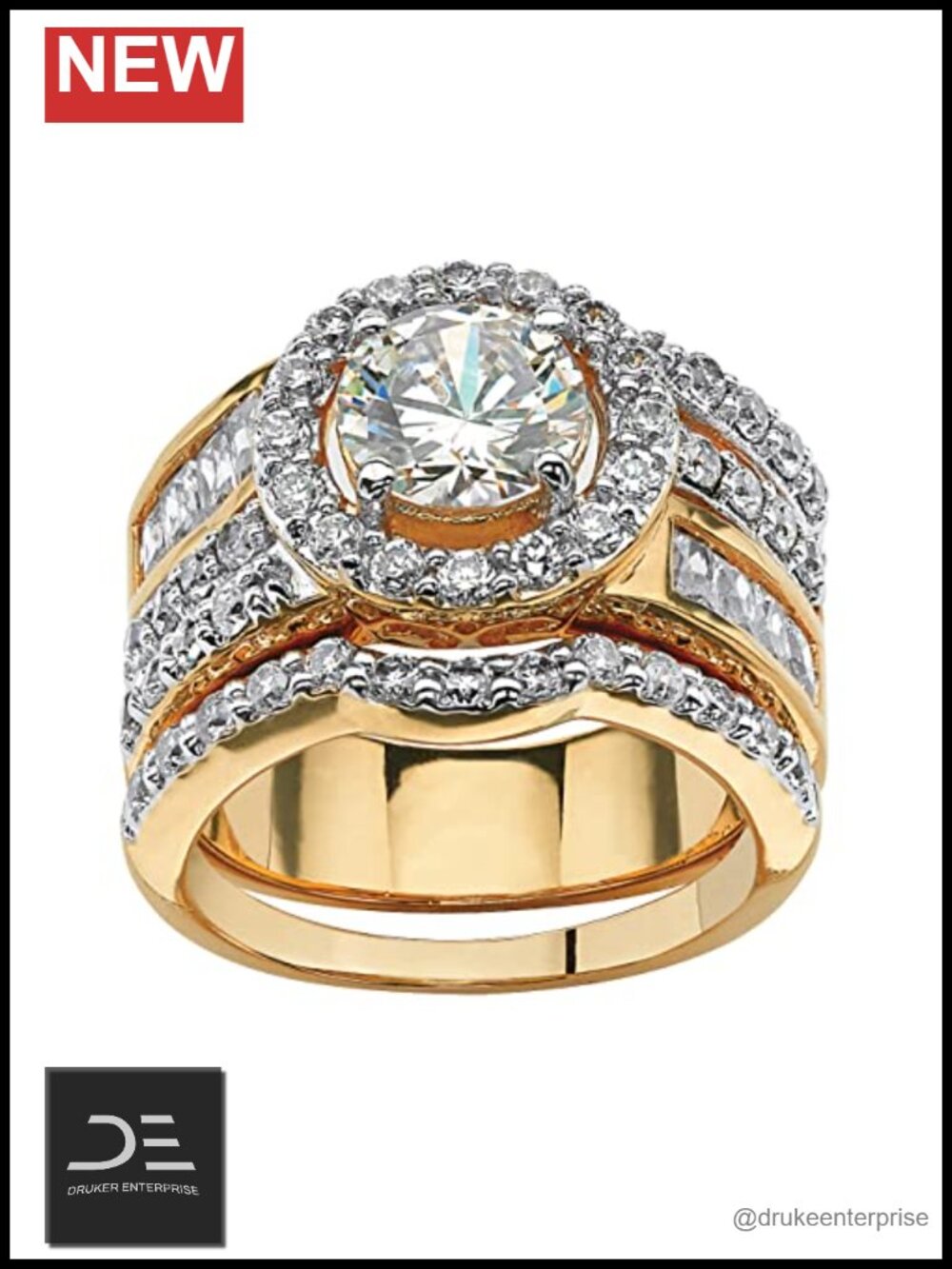 18k Gold-Plated Cubic Zirconia Halo Bridal Ring Set